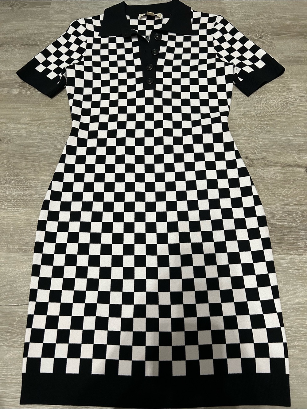 MICHAEL Michael Kors Black & White Check Knit Polo Midi Dress
